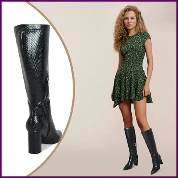 Knee High Boots Chunky Heel Slip On PU Leather Size 10 Fashion